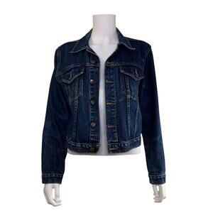 LEI Trucker Jean Jacket Size M Dark Wash Distressed Vintage Blue 100% Cotton Y2K